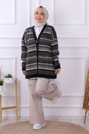 Kilim Desenli Hırka Siyah