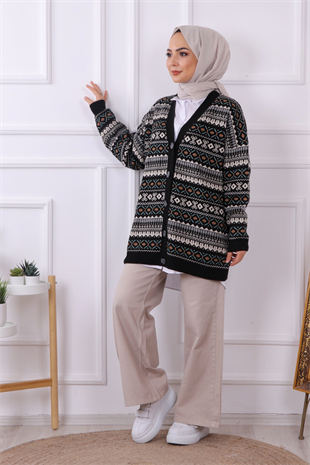 Kilim Desenli Hırka Siyah