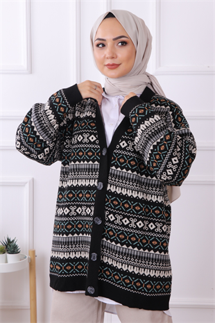 Kilim Desenli Hırka Siyah