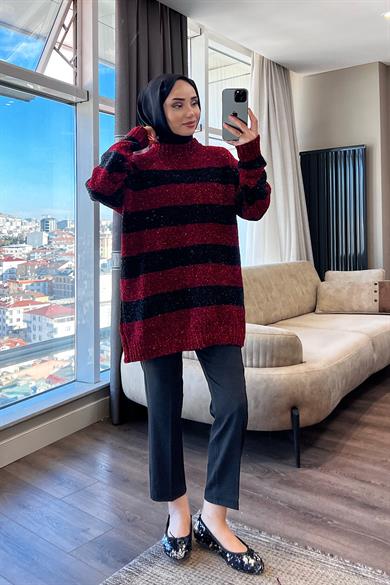 Kırmızı Siyah  Çizgili Simli Tunik 