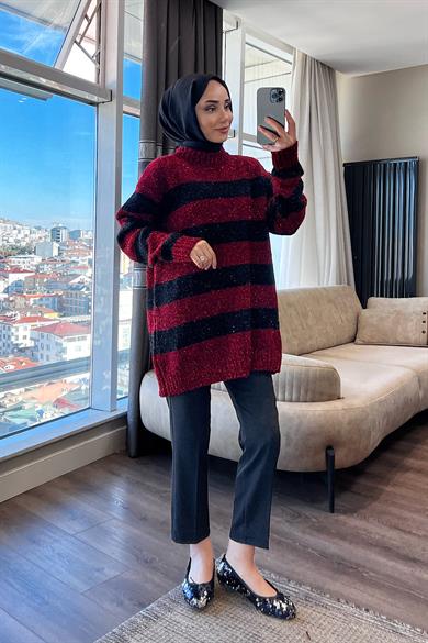 Kırmızı Siyah  Çizgili Simli Tunik 