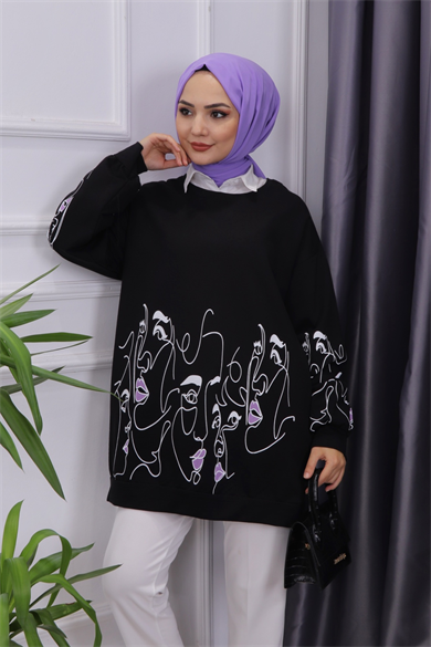 Kız Baskılı Sweat Siyah 