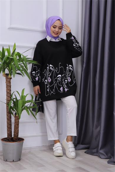 Kız Baskılı Sweat Siyah 