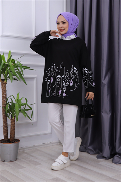 Kız Baskılı Sweat Siyah 