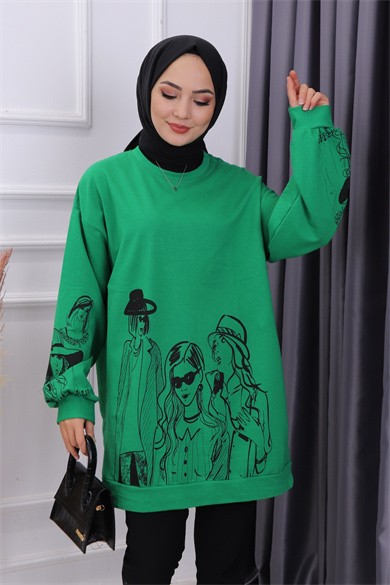 Kız Baskılı Sweat Yeşil