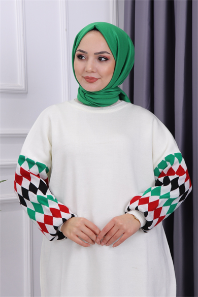 Kol Baklava Desen Triko Tunik Beyaz