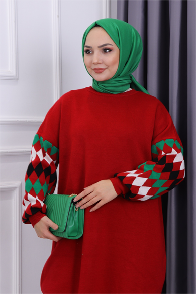 Kol Baklava Desen Triko Tunik Bordo