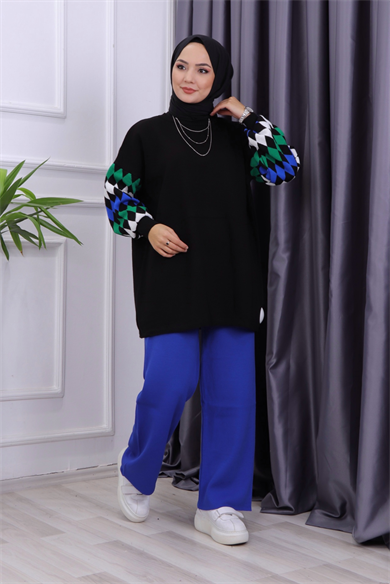 Kol Baklava Desen Triko Tunik Siyah