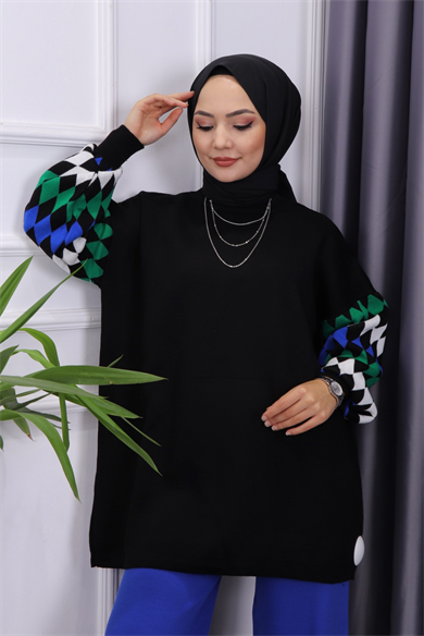 Kol Baklava Desen Triko Tunik Siyah