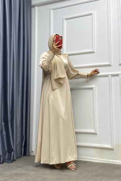 Kol Düğme Detay Saten Elbise Bej