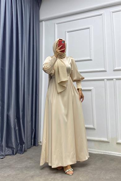 Kol Düğme Detay Saten Elbise Bej