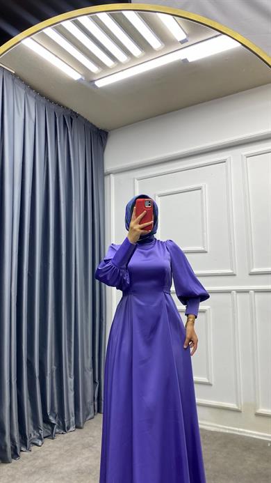 Kol Düğme Detay Saten Elbise Lila