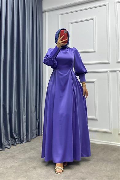 Kol Düğme Detay Saten Elbise Lila