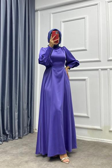 Kol Düğme Detay Saten Elbise Lila