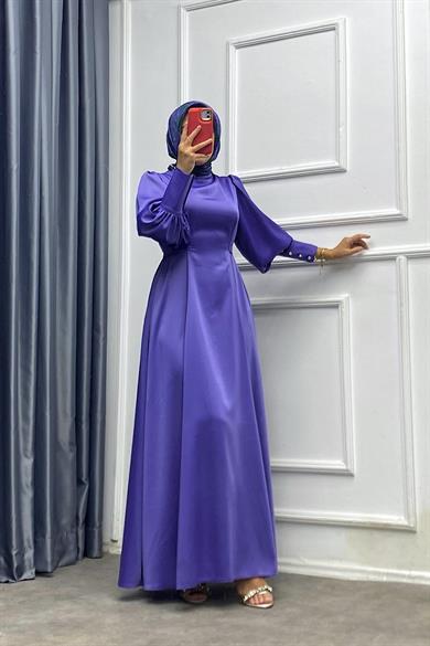 Kol Düğme Detay Saten Elbise Lila