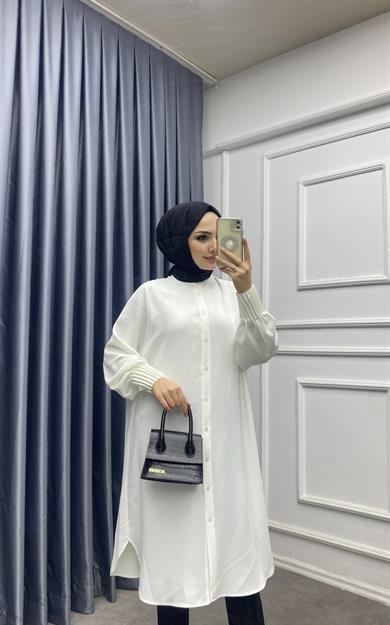 Kol Ucu Pileli Tunik Beyaz
