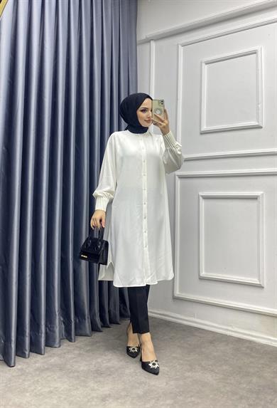 Kol Ucu Pileli Tunik Beyaz