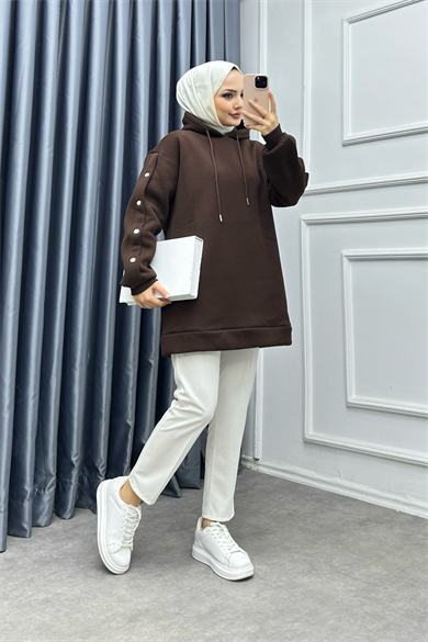Kolları Çıtçıt Detaylı Sweat Kahverengi