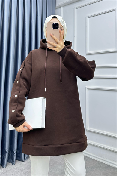 Kolları Çıtçıt Detaylı Sweat Kahverengi