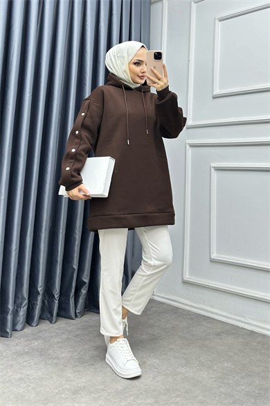Kolları Çıtçıt Detaylı Sweat Kahverengi