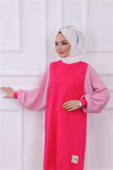 Kolları Kareli Sweat Pembe
