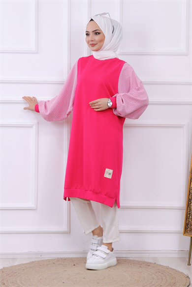 Kolları Kareli Sweat Pembe