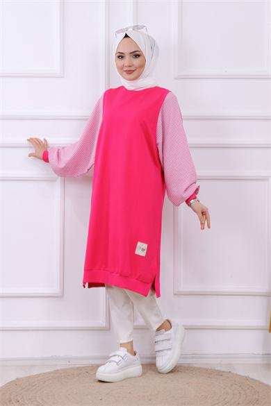 Kolları Kareli Sweat Pembe