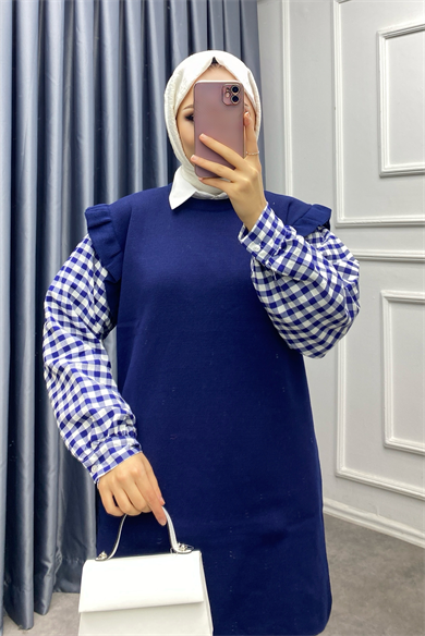 Kolları Kareli Triko Tunik Lacivert
