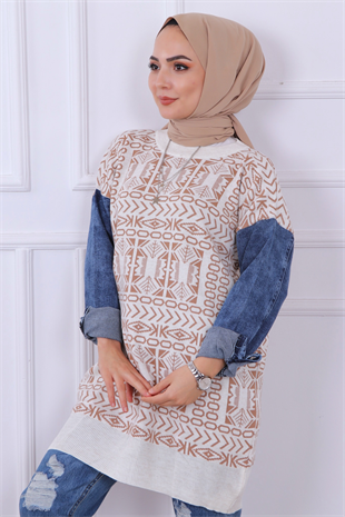 Kolları Kot Detaylı Triko Tunik-