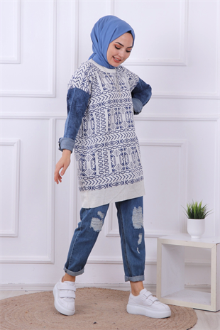 Kolları Kot Detaylı Triko Tunik