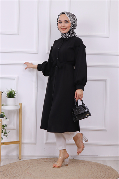 Kolları Pileli Tunik Siyah