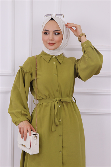 Kolları Pileli Tunik Yağ Yeşili