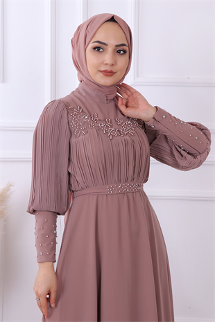 Kolları Pliseli Drape Detaylı Elbise 