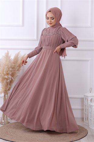 Kolları Pliseli Drape Detaylı Elbise 