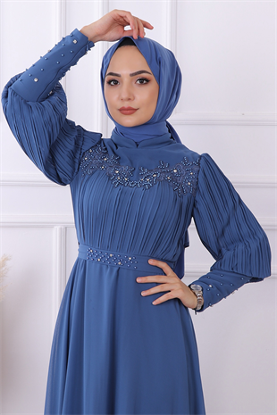 Kolları Pliseli Drape Detaylı Elbise İndigo