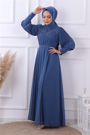 Kolları Pliseli Drape Detaylı Elbise İndigo