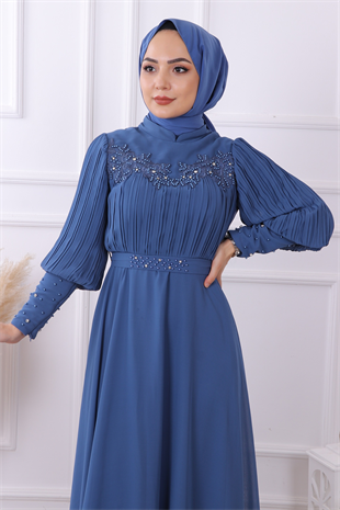 Kolları Pliseli Drape Detaylı Elbise İndigo