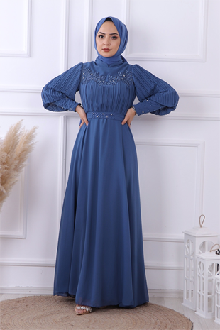 Kolları Pliseli Drape Detaylı Elbise İndigo