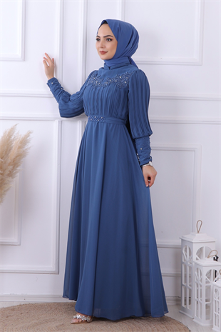 Kolları Pliseli Drape Detaylı Elbise İndigo