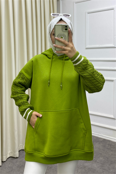 Kolları Saç Örgülü Üç İplik Sweat Yağ Yeşili