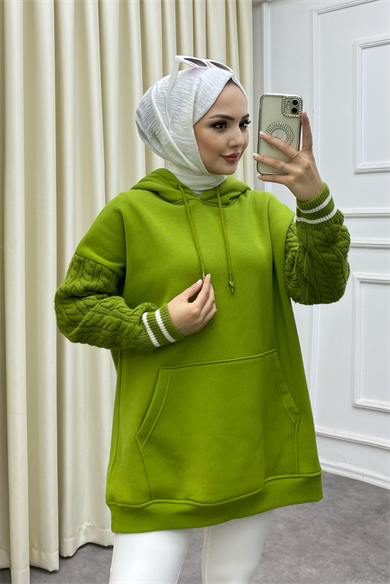 Kolları Saç Örgülü Üç İplik Sweat Yağ Yeşili