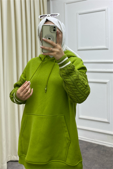 Kolları Saç Örgülü Üç İplik Sweat Yağ Yeşili