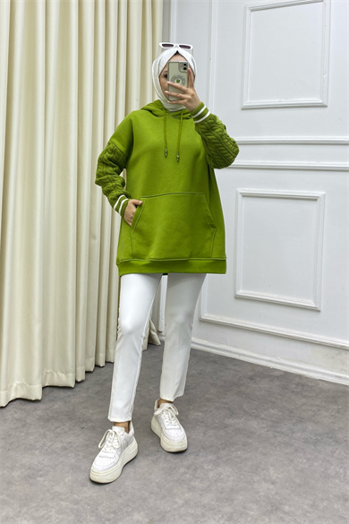 Kolları Saç Örgülü Üç İplik Sweat Yağ Yeşili