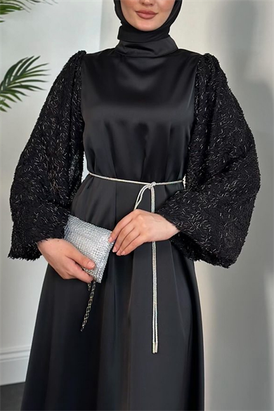 Kolları Taşlı Elbise Siyah