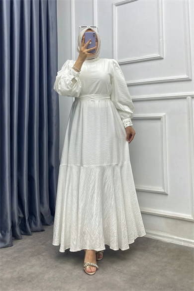 Kolları Ve Yakası Taşlı Elbise Beyaz