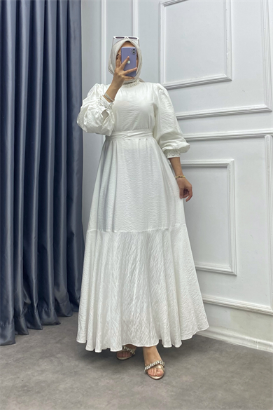 Kolları Ve Yakası Taşlı Elbise Beyaz