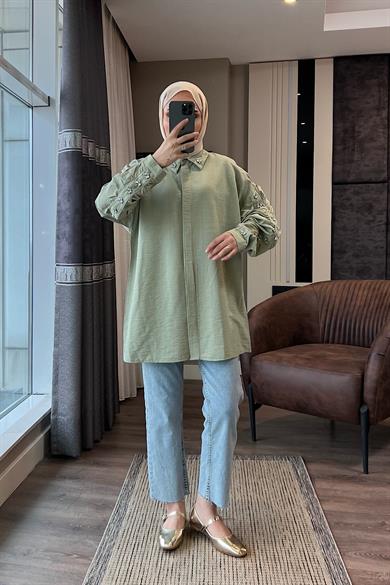 Kolları Ve Yakası Taşlı Tunik Yeşil