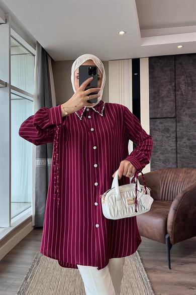 Kolu Bağcıklı Yakası Taşlı Tunik Bordo