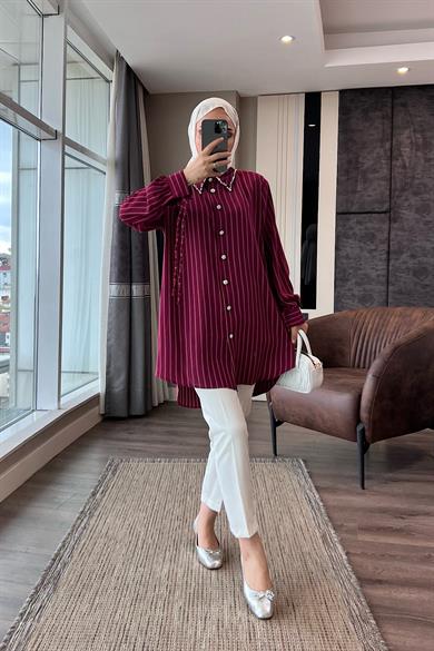 Kolu Bağcıklı Yakası Taşlı Tunik Bordo