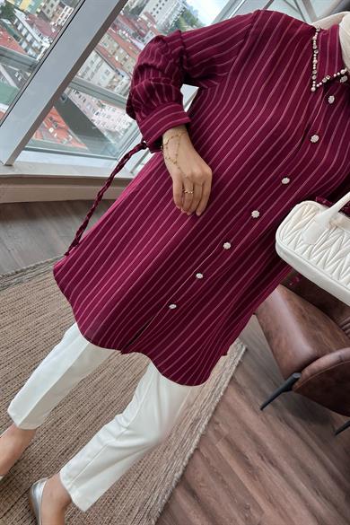 Kolu Bağcıklı Yakası Taşlı Tunik Bordo